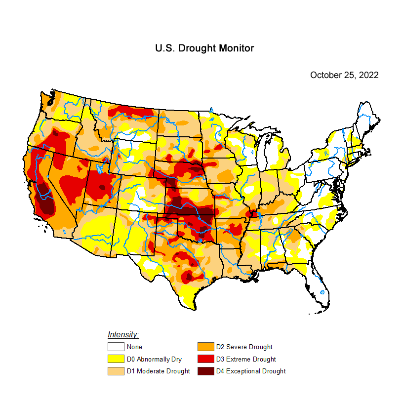 animation showing the changing locations in the United States affected by drought from October 2022 through September 2023