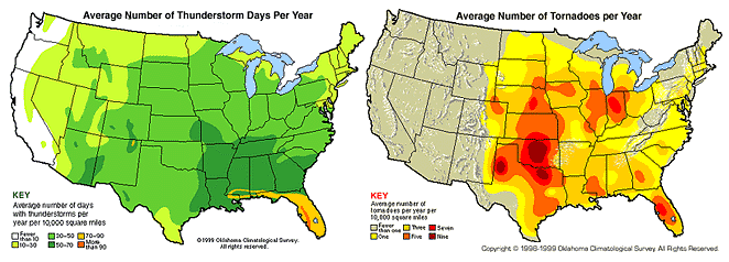 Maps showing the average number of thunderstorms days per year on the left and average number of tornadoes per year on the right.  The majority of thunderstorms occur in the south eastern usa while the majority of tornadoes occur in south central usa.