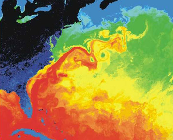This is a thermographic image showing the Gulf Stream current carrying warm water north from the Gulf of Mexico along the eastern coastline of the US.