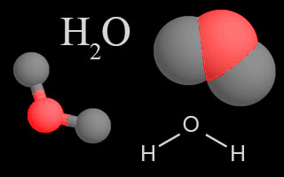 Four representations chemists use for molecular water. In the models, the atom in the middle is oxygen and the other two atoms are hydrogen.