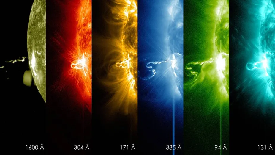 Six images showing the progression of a solar flare as seen in different wavelengths of light.