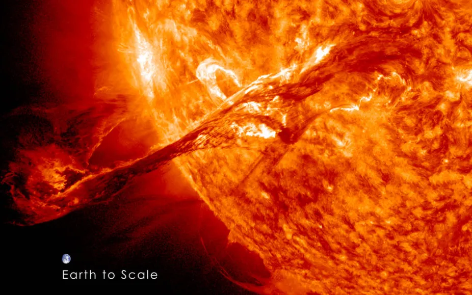 A filament extending from the Sun is massive in size compared to the Earth which is superimposed for scale.