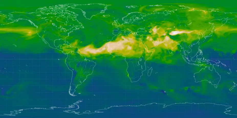 A map of the world showing the different concentrations of dust circulating in the atmosphere. The brighter colors indicate higher levels are can be seen across and off the coast of northern African, India, and China.