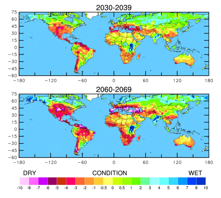 maps showing future extreme dry and wet conditions for 2030 to 2039 and 2060 to 2069 based on climate models. Drought periods are likely to increase and worsen in the US Midwest, parts of Central and South America, and in the Mediterranean region. 