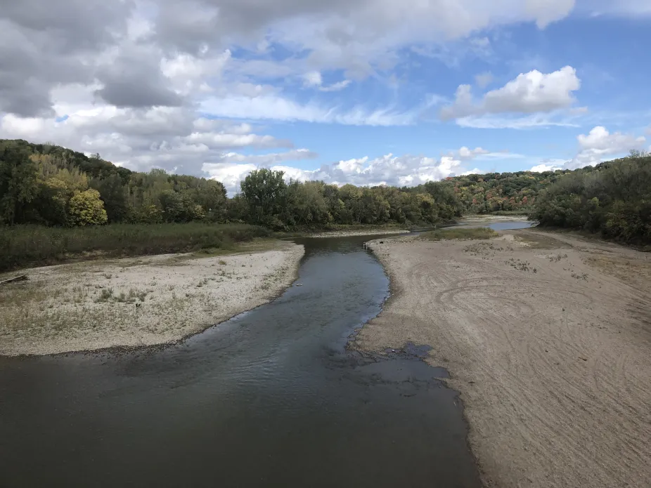 photo of low river levels along the Minnesota River, a tributary of the Mississippi River in Minnesota, during drought conditions in September 2023