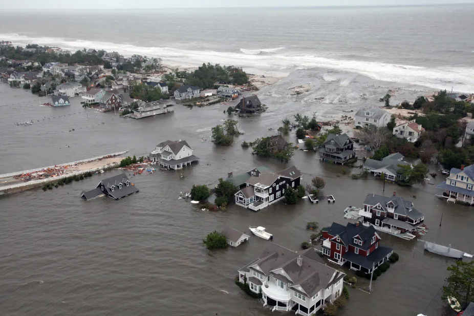 Birdseye view of a coast with storm surge flooding 