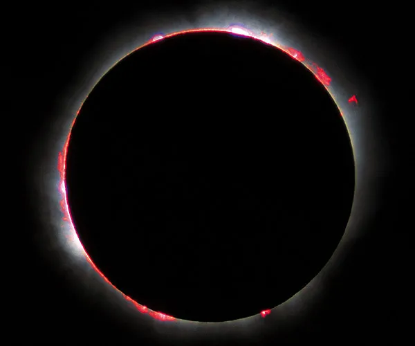 The chromosphere peaks out as a thin, brightly colored ring during a solar eclipse.