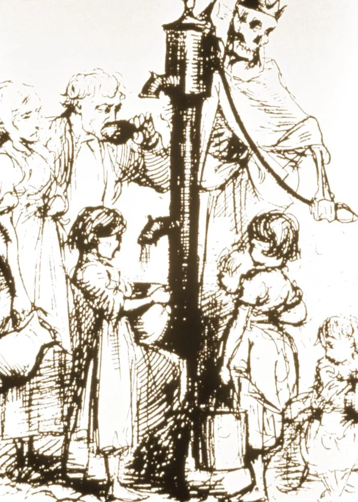 Sketch of a skeleton pumping water from a well. Adults and children drink the water.