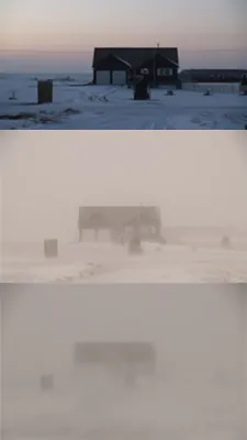 Process of a blizzard. In the first image (top), a house is clearly seen. In the middle image, a house is partially obscured by blowing snow. In the bottom image, the house is almost completely obscured by blowing snow.