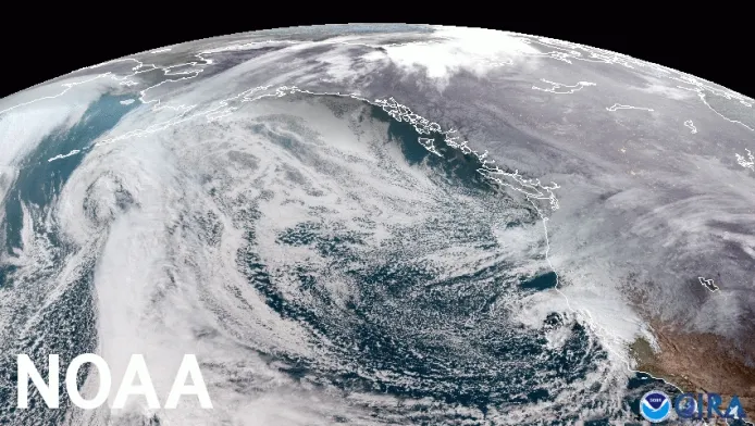 Satellite image of west coast of U.S. showing stormy weather