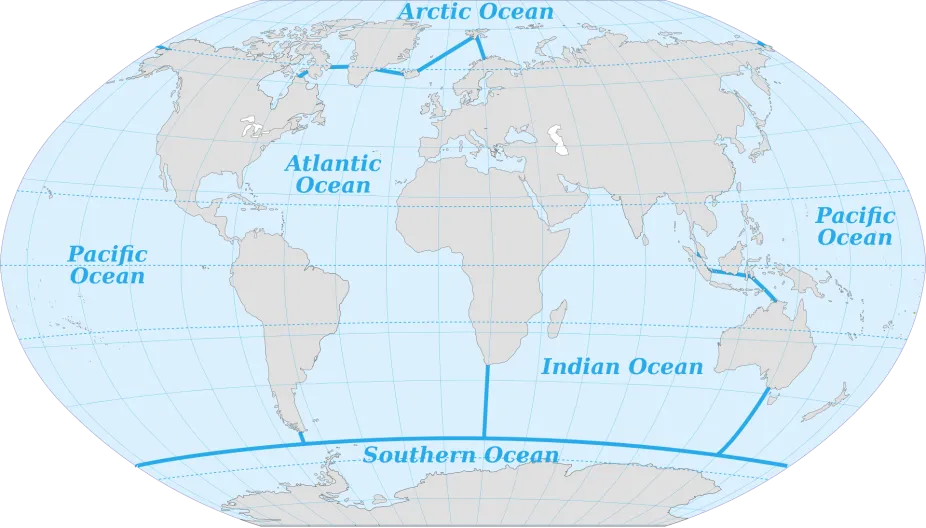 map showing the locations and approximate boundaries of the world's oceans