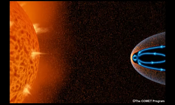 An animation showing a burst of solar energy bombarding the Earth, which is surrounded by its magnetosphere.