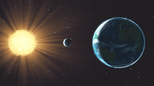 An animation showing Sunlight from the Sun reaching the Earth, but with the Moon positioned between such that a dark shadow falls on a small area of Earth's surface and a lighter shadow falls on a slightly larger area surrounding the dark shadow.