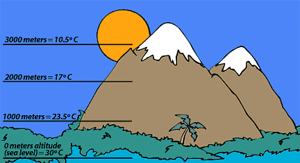 A simple chart with a mountain scene in the background.  Labels on the left are: 0 meters altitude (sea level) = 30 degrees Celsius.  1,000 meters = 23.5 degrees Celsius.  2,000 meters = 17 degrees Celsius.  3,000 meters = 10.5 degrees Celsius.