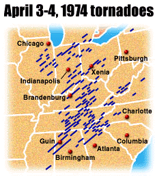April 3-4, 1974 tornadoes.  This map shows a series of blue lines from the midwest to the eastern USA moving from southwest to northeast.