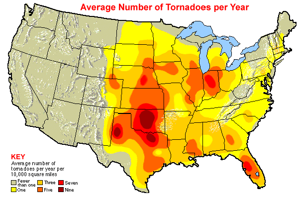 USA map showing the average number of tornadoes per year per 10,000 square miles ranging from fewer  than one in the western and northeastern portions of the USA to pockets of nine in south central USA.