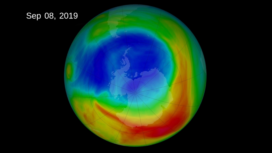 A view of the Earth showing the ozone hole as recorded in 2019.