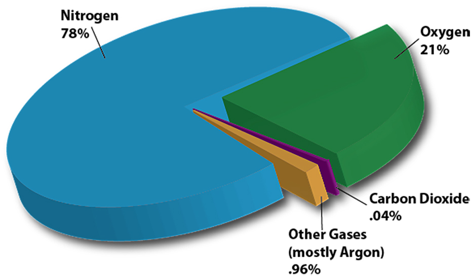 Pie chart showing the gases that make up the atmosphere: Nitrogen (78%), Oxygen (21%), Inert Gases- mostly Argon (.96%), and Carbon Dioxide (0.04%).