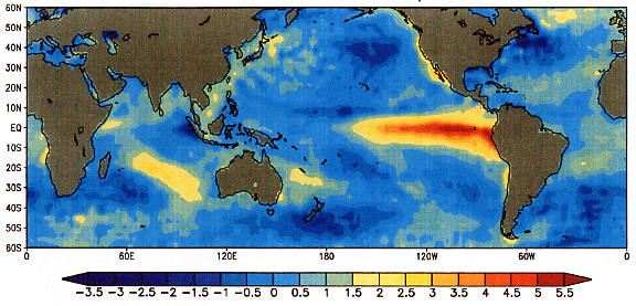 Map showing the increase in sea surface temperatures off the western coast of Peru during an El Niño event