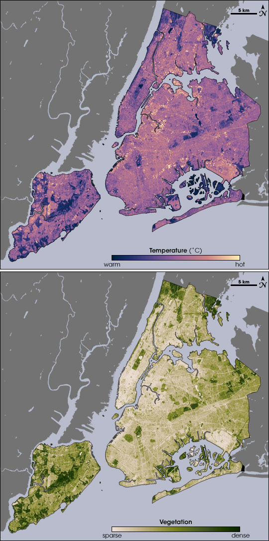 Satellite image of New York City showing temperature (top) and vegetation (bottom). Areas with more vegetation have a lower temperature.