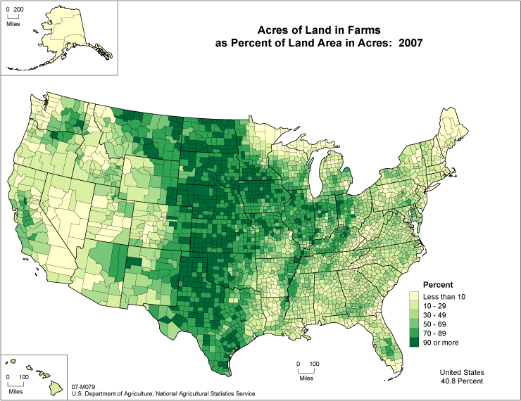 Map of United States farms by county, showing the majority of farms in the center of the U.S.