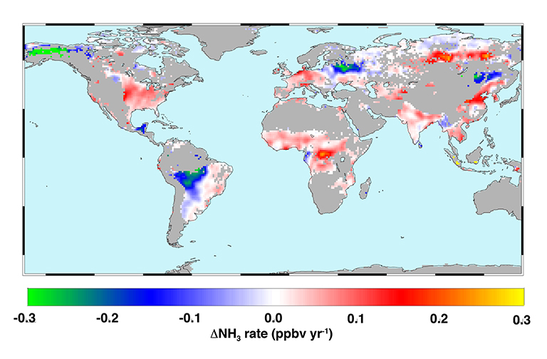 Global map showing the change in the concentration of ammonia over a 14 year period. Areas in red, such as the eastern US, equatorial Africa, much of Europe, northern India, northern Russia, and the entire western coast of Asia have increased concentrations of ammonia. Some areas shown in blue, such as central South America, western Canada, eastern Europe, and south-eastern Russia show a decrease in concentrations of ammonia.