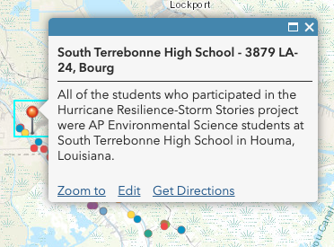 This image shows an example of a map point indicating South Terrebonne High School, Louisiana, with a pop up box that describes the map point.
