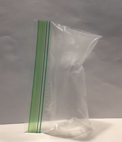 Plastic baggie filled with air and standing on its end.