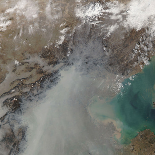 This is a satellite image showing smog over Beijing, China.