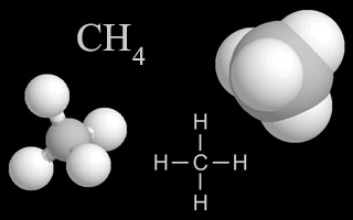 Four representations chemists use for methane. In the models, the atom in the middle is carbon and the other four atoms attached to the middle atom are hydrogen.