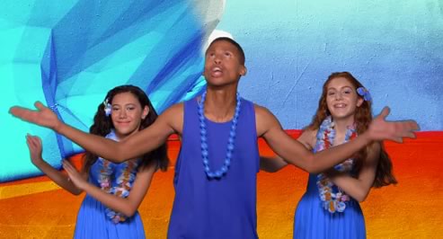 A man in tropical clothing and two backup singers from the Drip Drop! music video about climate change