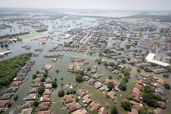 Aerial view of a flooded neighborhood