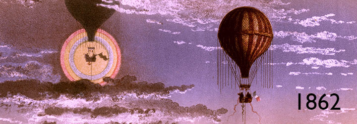 1862: Illustration from James Glaisher's book Travels in the Air, depicting two hot air balloons in the sky.