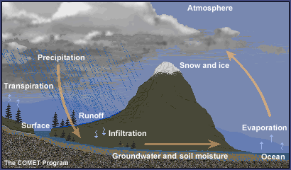 Diagram of the water cycle. Water evaporates from the surface of the earth, rises into the atmosphere, cools and condenses into rain or snow in clouds, and falls again to the surface as precipitation.