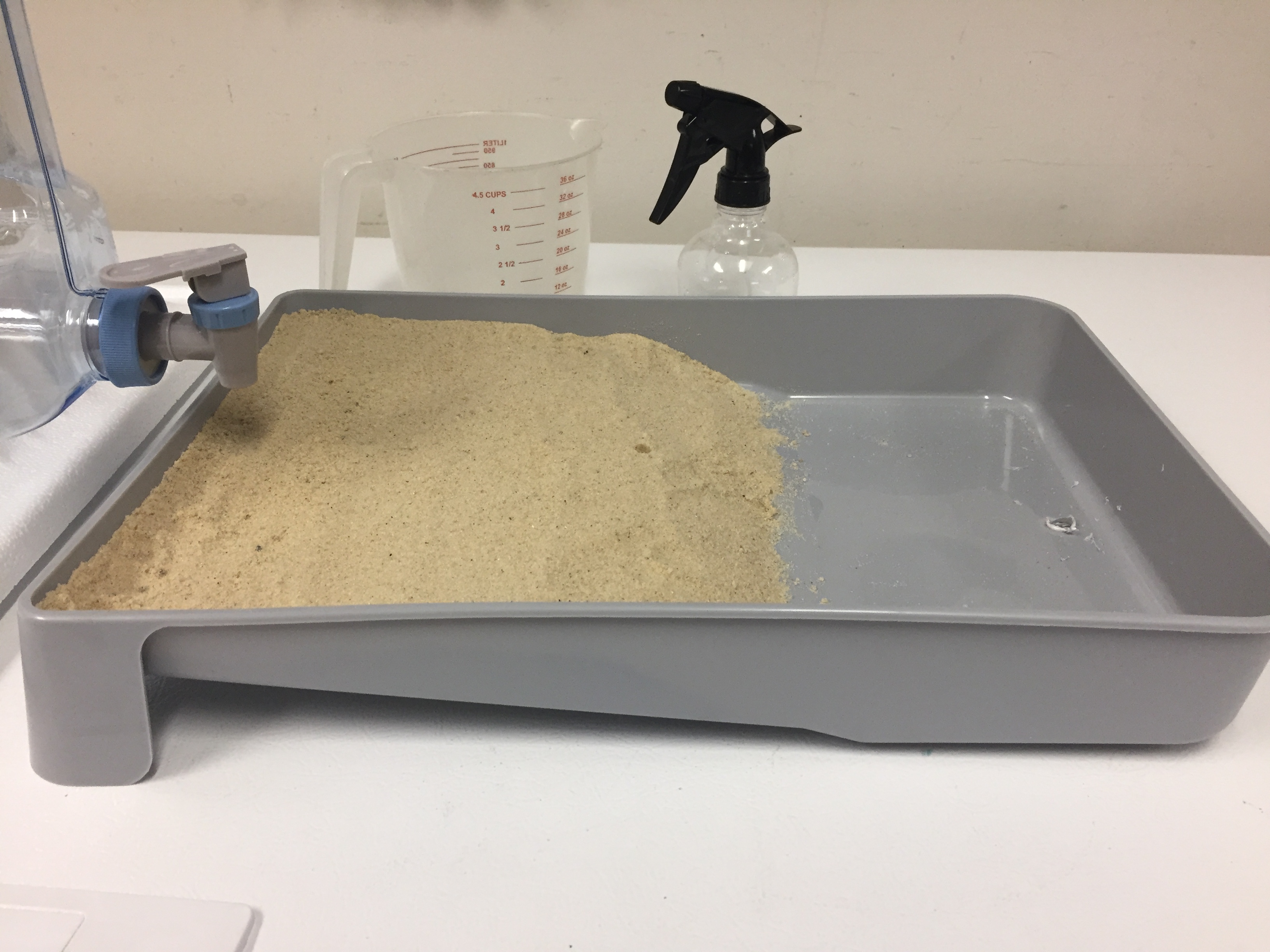 A photo showing the correct amount of sand to add to the stream table, filling about two thirds of the tray, with a layer of sand about one inch thick.