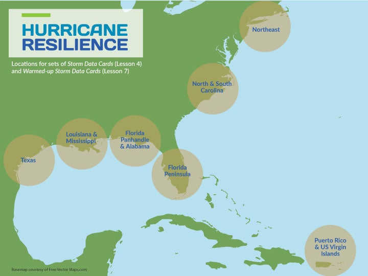 Hurricane Resilience locations for storm data cards and warmed-up storm data cards 