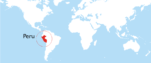 Partial world map with the country of Peru highlighted.