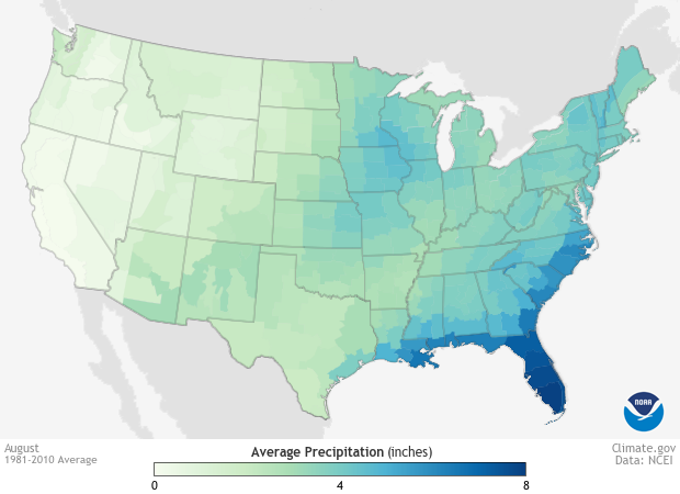 USA map of average precipitation in August from 1981-2010