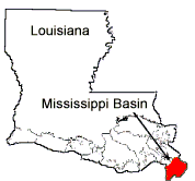 This is a map showing the location of the Mississippi River Basin in the south-eastern tip of Louisiana.