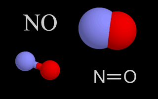 Four representations chemists use for nitrogen dioxide. In the models, the atom in the middle is nitrogen and the other two atoms are oxygen.