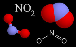 Four representations chemists use for nitrogen dioxide. In the colored models, nitrogen is blue and oxygen is red. 