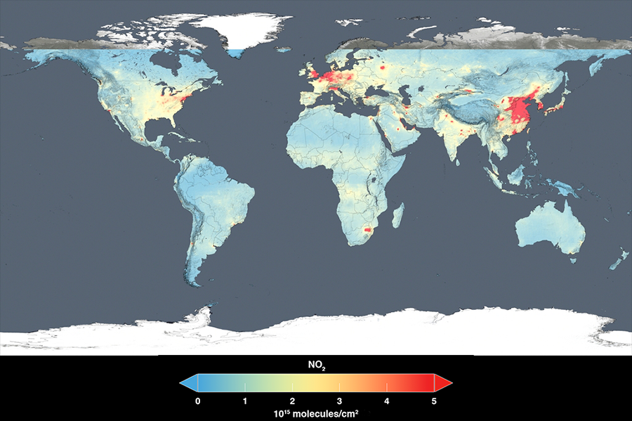 This global map shows the concentration of nitrogen dioxide in the troposphere averaged over 2014. Areas shown in red have the highest concentrations, and are located in areas with high population density, such as New York, Los Angeles, much of northern and eastern Europe, most of China, Japan, select areas in India and Saudi Arabia, and the eastern coast of South Africa.