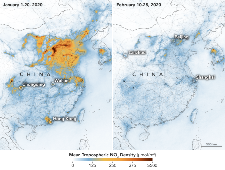 These two maps show typical nitrogen dioxide levels over China from January 1-20, 2020, and then show decreased nitrogen dioxide levels over the same area from February 10-25, 2020.