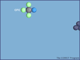 Animation of a chlorine atom breaking an ozone molecule apart.