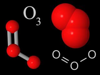 Four representations chemists use for ozone molecules. Each ozone molecule has three oxygen atoms.