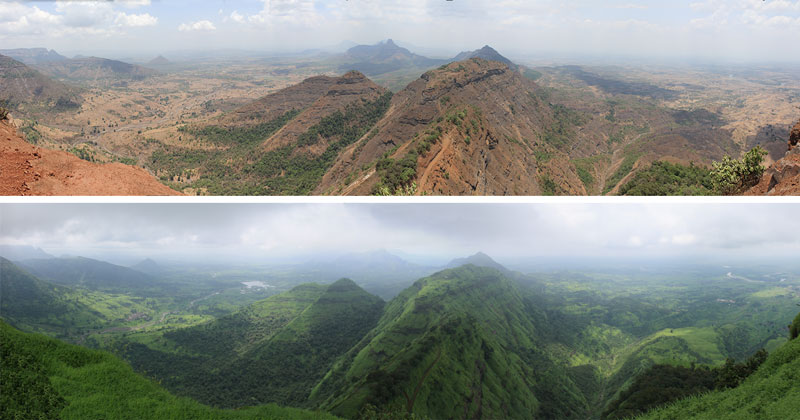 Panorama Point on the Matheran Hill about 50 miles east of Mumbai, India, during the dry monsoon season in winter (upper photo) and the wet monsoon season in the summer (lower photo).
