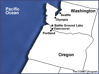 Map of Washington state showing Seattle, Olympia, Battle Ground Lake, Vancouver, and Portland, Oregon.