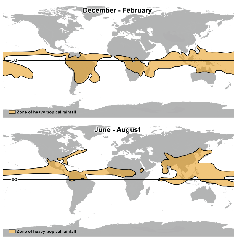 Maps demonstrating heavier tropical rainfall in South America, lower Africa, the Indian Ocean, Indonesia and the central Pacific between December and February and heavier tropical rainfall in Central America, Central Africa, Southeast Asia, and the central Pacific in June through August.