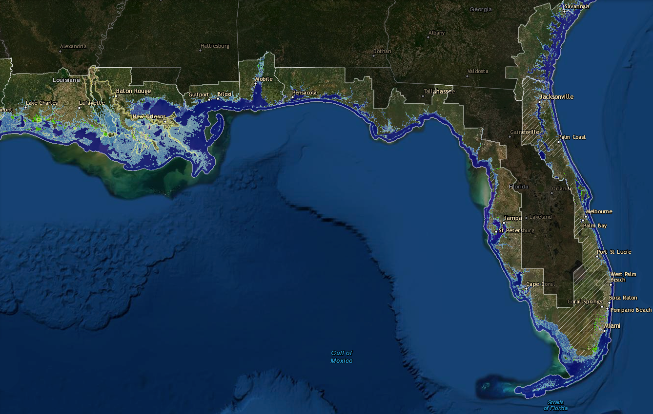 Это визуализация положения береговой линии в Мексиканском заливе при повышении уровня моря на один фут из-за изменения климатических условий.