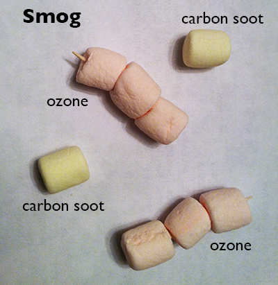 Marshmallows representing smog. Three marshmallows on a toothpick to represent ozone and one marshmallow alone representing carbon soot
